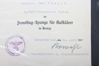 Luftwaffe Award Document Grouping to Uffz. P. Pawlik, Air Gunner of 1.(F)/124 - 7