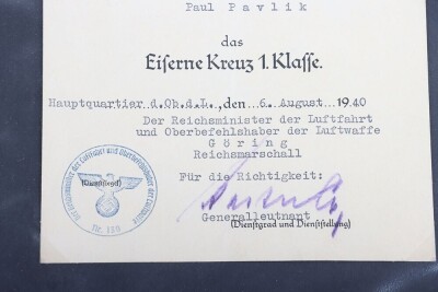 Luftwaffe Award Document Grouping to Uffz. P. Pawlik, Air Gunner of 1.(F)/124 - 14