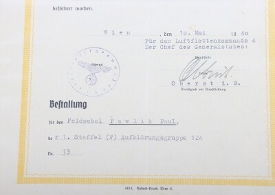 Luftwaffe Award Document Grouping to Uffz. P. Pawlik, Air Gunner of 1.(F)/124 - 21