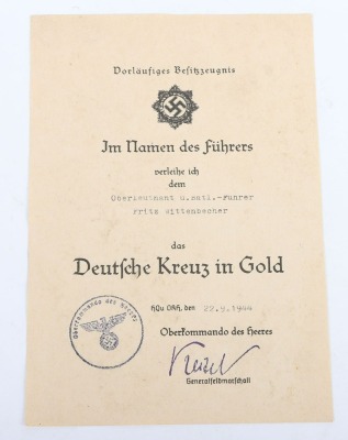 WW2 German Award Document Grouping to Leutnant Fritz Wittenbecher, 8./J&auml;ger-Regiment 741, 114. J&auml;ger-Division - 3