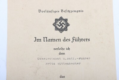WW2 German Award Document Grouping to Leutnant Fritz Wittenbecher, 8./J&auml;ger-Regiment 741, 114. J&auml;ger-Division - 4