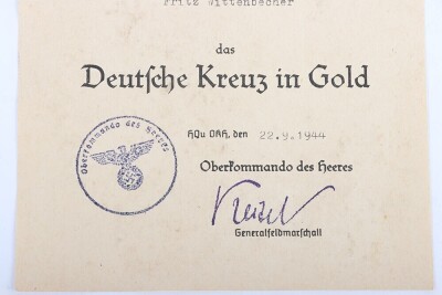 WW2 German Award Document Grouping to Leutnant Fritz Wittenbecher, 8./J&auml;ger-Regiment 741, 114. J&auml;ger-Division - 5
