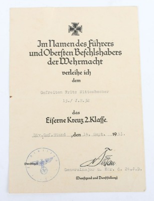 WW2 German Award Document Grouping to Leutnant Fritz Wittenbecher, 8./J&auml;ger-Regiment 741, 114. J&auml;ger-Division - 6