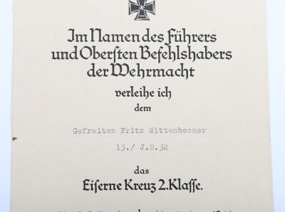 WW2 German Award Document Grouping to Leutnant Fritz Wittenbecher, 8./J&auml;ger-Regiment 741, 114. J&auml;ger-Division - 7
