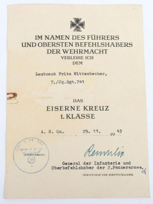 WW2 German Award Document Grouping to Leutnant Fritz Wittenbecher, 8./J&auml;ger-Regiment 741, 114. J&auml;ger-Division - 9