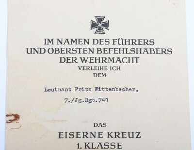 WW2 German Award Document Grouping to Leutnant Fritz Wittenbecher, 8./J&auml;ger-Regiment 741, 114. J&auml;ger-Division - 10