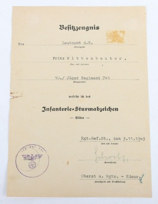 WW2 German Award Document Grouping to Leutnant Fritz Wittenbecher, 8./J&auml;ger-Regiment 741, 114. J&auml;ger-Division - 12