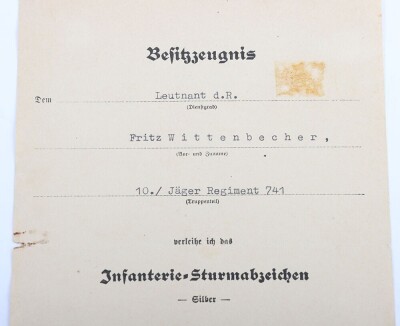 WW2 German Award Document Grouping to Leutnant Fritz Wittenbecher, 8./J&auml;ger-Regiment 741, 114. J&auml;ger-Division - 13