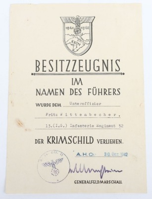 WW2 German Award Document Grouping to Leutnant Fritz Wittenbecher, 8./J&auml;ger-Regiment 741, 114. J&auml;ger-Division - 15
