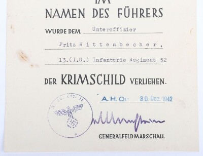 WW2 German Award Document Grouping to Leutnant Fritz Wittenbecher, 8./J&auml;ger-Regiment 741, 114. J&auml;ger-Division - 17