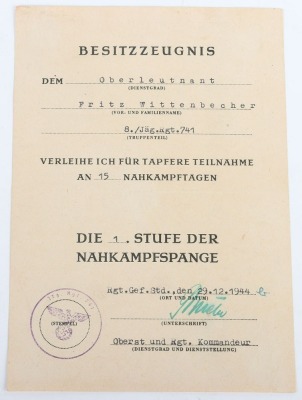 WW2 German Award Document Grouping to Leutnant Fritz Wittenbecher, 8./J&auml;ger-Regiment 741, 114. J&auml;ger-Division - 18