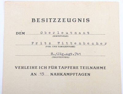 WW2 German Award Document Grouping to Leutnant Fritz Wittenbecher, 8./J&auml;ger-Regiment 741, 114. J&auml;ger-Division - 19
