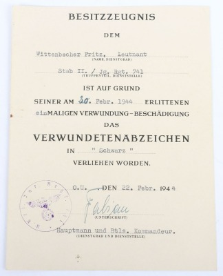 WW2 German Award Document Grouping to Leutnant Fritz Wittenbecher, 8./J&auml;ger-Regiment 741, 114. J&auml;ger-Division - 21