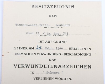 WW2 German Award Document Grouping to Leutnant Fritz Wittenbecher, 8./J&auml;ger-Regiment 741, 114. J&auml;ger-Division - 22
