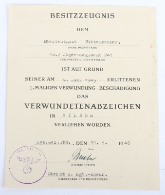 WW2 German Award Document Grouping to Leutnant Fritz Wittenbecher, 8./J&auml;ger-Regiment 741, 114. J&auml;ger-Division - 24
