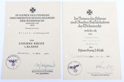 WW2 German Iron Cross 2nd and 1st Class Award Documents to Obergefr. K. B&uuml;rgel of Grenadier Regiment 368, 122. Infanterie Division