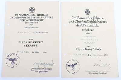 WW2 German Iron Cross 2nd and 1st Class Award Documents to Obergefr. K. B&uuml;rgel of Grenadier Regiment 368, 122. Infanterie Division