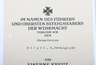 WW2 German Iron Cross 2nd and 1st Class Award Documents to Obergefr. K. B&uuml;rgel of Grenadier Regiment 368, 122. Infanterie Division - 2