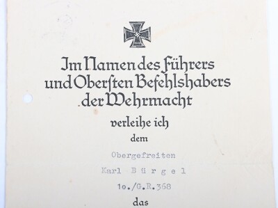 WW2 German Iron Cross 2nd and 1st Class Award Documents to Obergefr. K. B&uuml;rgel of Grenadier Regiment 368, 122. Infanterie Division - 4
