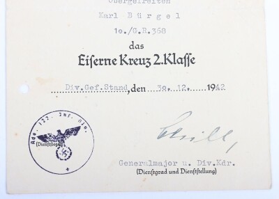 WW2 German Iron Cross 2nd and 1st Class Award Documents to Obergefr. K. B&uuml;rgel of Grenadier Regiment 368, 122. Infanterie Division - 5