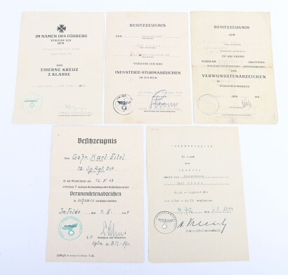 WW2 German Army Award Document Group to an Obergefreiter Karl Eifel of 12./J&auml;ger-Regiment 204, 97. J&auml;ger-Division