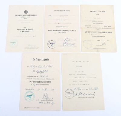 WW2 German Army Award Document Group to an Obergefreiter Karl Eifel of 12./J&auml;ger-Regiment 204, 97. J&auml;ger-Division