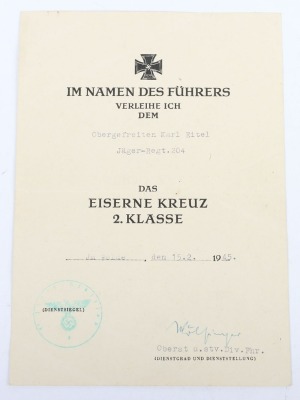 WW2 German Army Award Document Group to an Obergefreiter Karl Eifel of 12./J&auml;ger-Regiment 204, 97. J&auml;ger-Division - 12