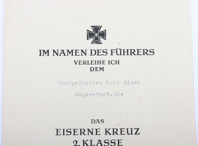WW2 German Army Award Document Group to an Obergefreiter Karl Eifel of 12./J&auml;ger-Regiment 204, 97. J&auml;ger-Division - 13