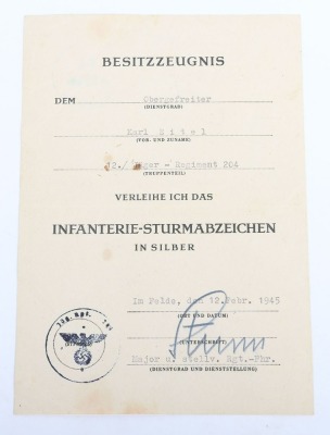 WW2 German Army Award Document Group to an Obergefreiter Karl Eifel of 12./J&auml;ger-Regiment 204, 97. J&auml;ger-Division - 15