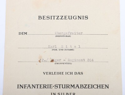 WW2 German Army Award Document Group to an Obergefreiter Karl Eifel of 12./J&auml;ger-Regiment 204, 97. J&auml;ger-Division - 16