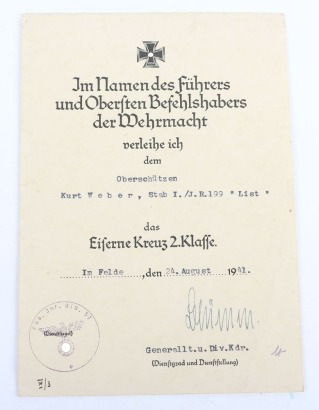 WW2 German Iron Cross 2nd Class Award Document to K. Weber, Infanterie Regiment 199 &ldquo;List&rdquo;