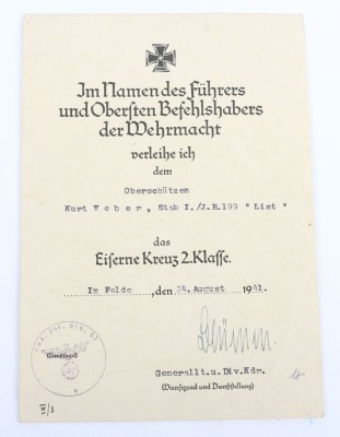 WW2 German Iron Cross 2nd Class Award Document to K. Weber, Infanterie Regiment 199 &ldquo;List&rdquo; - 2