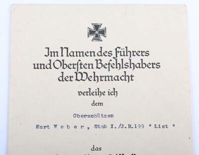WW2 German Iron Cross 2nd Class Award Document to K. Weber, Infanterie Regiment 199 &ldquo;List&rdquo; - 3