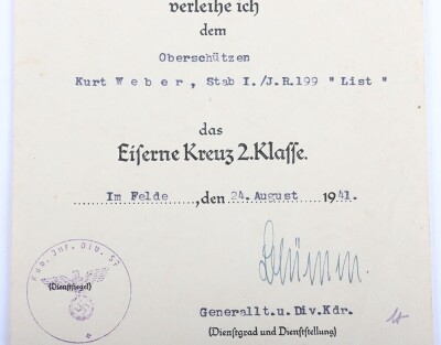WW2 German Iron Cross 2nd Class Award Document to K. Weber, Infanterie Regiment 199 &ldquo;List&rdquo; - 4