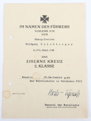 WW2 German Award Document Grouping to Obergefreiter Wolfgang Spichtinger, Pionier-Bataillon 745, Festung Breslau - 6