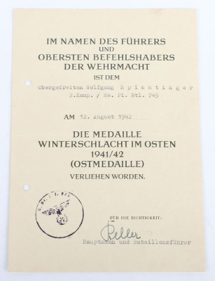 WW2 German Award Document Grouping to Obergefreiter Wolfgang Spichtinger, Pionier-Bataillon 745, Festung Breslau - 9