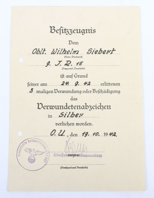 WW2 German Award Document Grouping to Leutnant Wilhelm Siebert, Infanterie-Regiment 15, 29. Infanterie-Division - 2