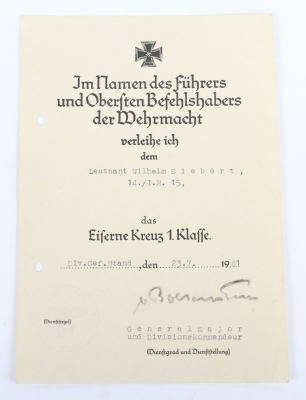 WW2 German Award Document Grouping to Leutnant Wilhelm Siebert, Infanterie-Regiment 15, 29. Infanterie-Division - 5