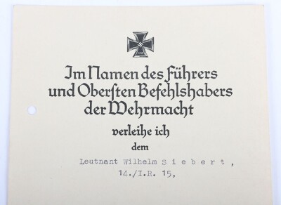 WW2 German Award Document Grouping to Leutnant Wilhelm Siebert, Infanterie-Regiment 15, 29. Infanterie-Division - 6
