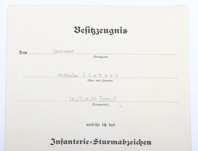 WW2 German Award Document Grouping to Leutnant Wilhelm Siebert, Infanterie-Regiment 15, 29. Infanterie-Division - 9