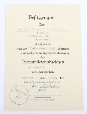 WW2 German Award Document Grouping to Leutnant Wilhelm Siebert, Infanterie-Regiment 15, 29. Infanterie-Division - 11