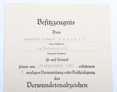 WW2 German Award Document Grouping to Leutnant Wilhelm Siebert, Infanterie-Regiment 15, 29. Infanterie-Division - 12