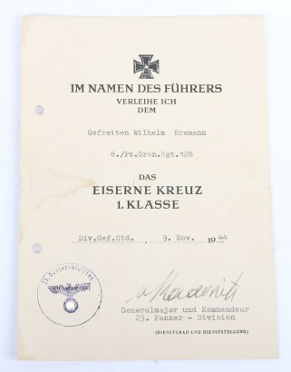WW2 German Iron Cross 2nd Class Award Document to Gefr. Wilhelm Bremann, member of the Pz. gren. Rgt 128 as part of the 23. Panzer Division