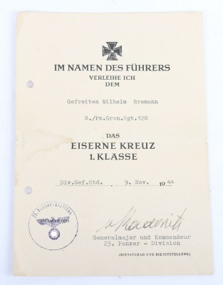 WW2 German Iron Cross 2nd Class Award Document to Gefr. Wilhelm Bremann, member of the Pz. gren. Rgt 128 as part of the 23. Panzer Division