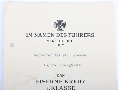 WW2 German Iron Cross 2nd Class Award Document to Gefr. Wilhelm Bremann, member of the Pz. gren. Rgt 128 as part of the 23. Panzer Division - 3