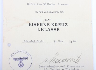 WW2 German Iron Cross 2nd Class Award Document to Gefr. Wilhelm Bremann, member of the Pz. gren. Rgt 128 as part of the 23. Panzer Division - 4
