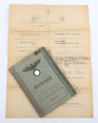 Wehrpass and Panzer Assault Badge recommendation document to a Panther tank crewman, 116. Panzer-Division &ldquo;Windhund&rdquo;