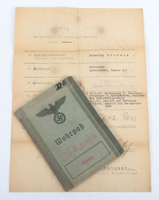 Wehrpass and Panzer Assault Badge recommendation document to a Panther tank crewman, 116. Panzer-Division &ldquo;Windhund&rdquo; - 2