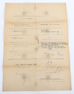 Wehrpass and Panzer Assault Badge recommendation document to a Panther tank crewman, 116. Panzer-Division &ldquo;Windhund&rdquo; - 15