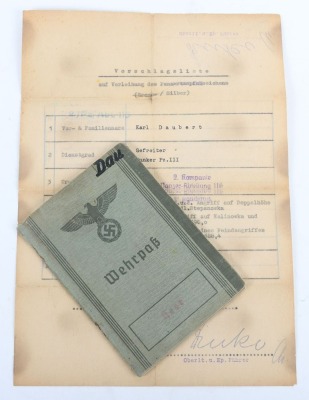 Wehrpass and Panzer Assault Badge recommendation document to Panther tank radio operator Karl Daubert, 116. Panzer-Division &ldquo;Windhund&rdquo; - 6